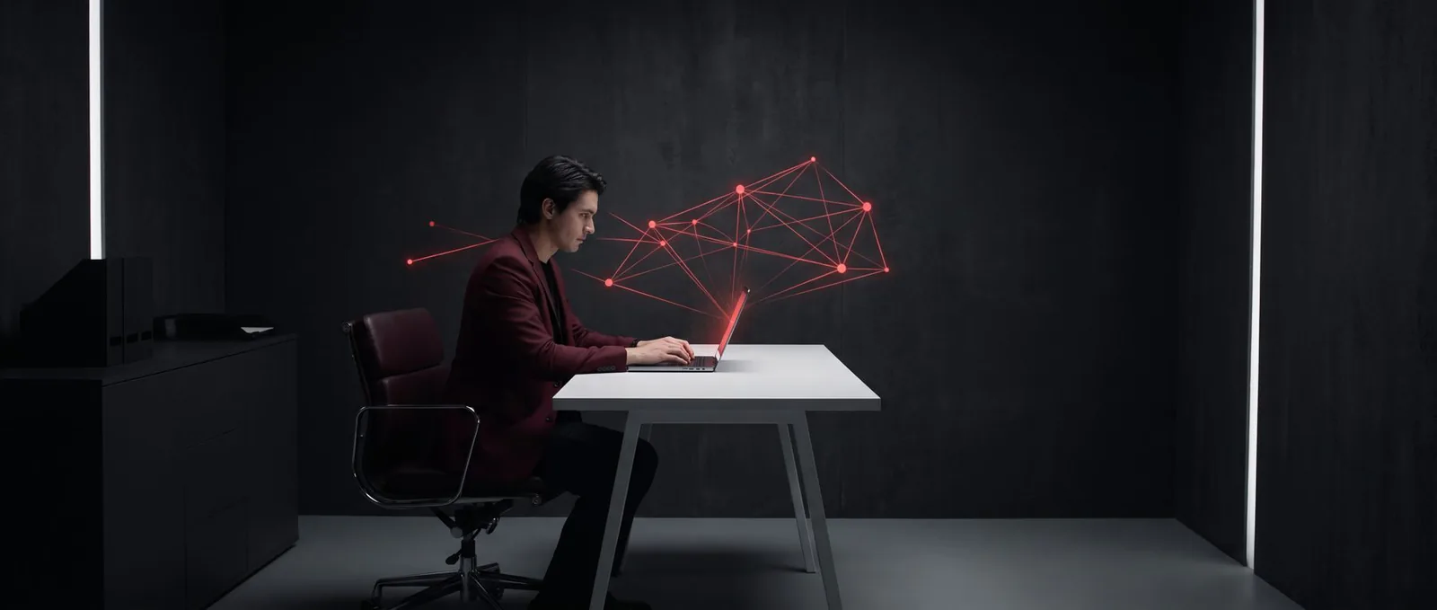 A business owner at a laptop as red light lines flow into an AI network