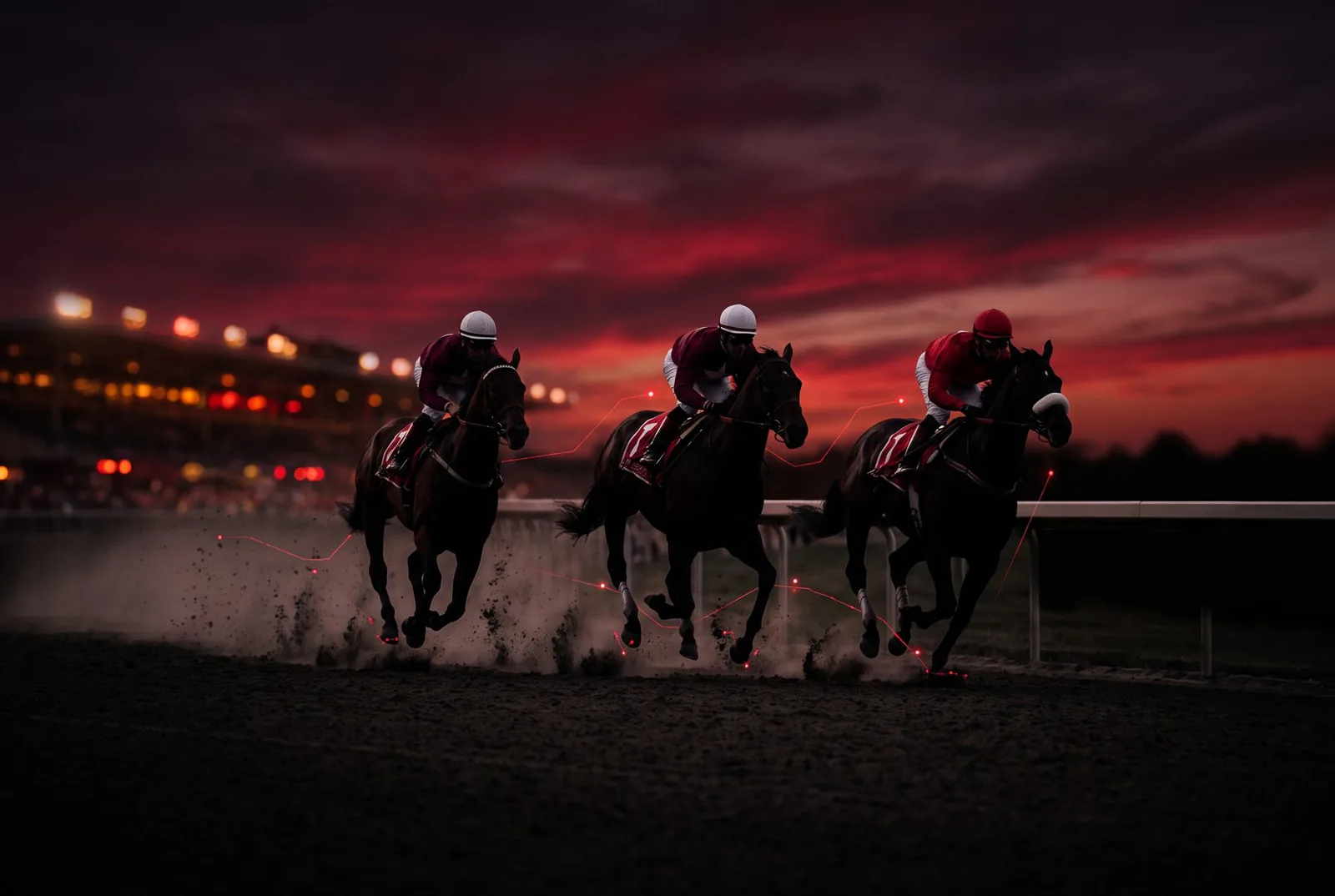 Three thoroughbreds racing past a lit grandstand at dusk, traced by thin red data lines