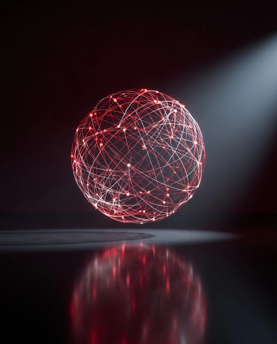 A glowing red neural network sphere above a dark reflective surface