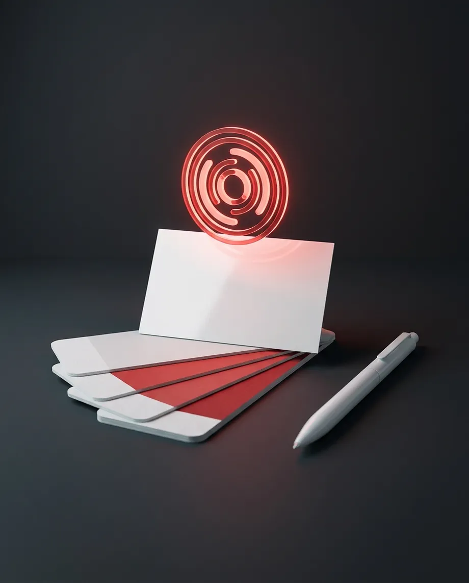 A white business card with red and white color swatches and a glowing red logo mark