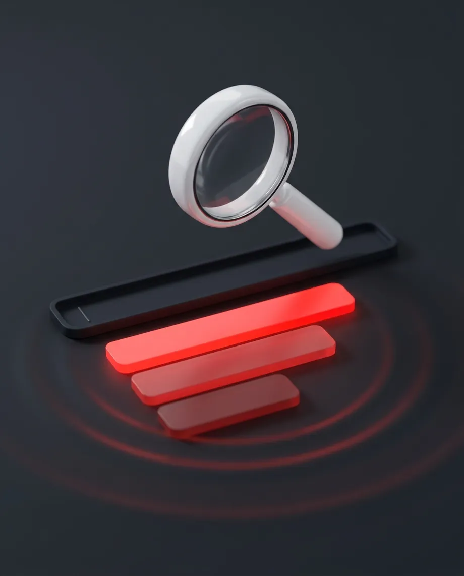 A white magnifying glass over a search bar with three glowing red results, the top one brightest
