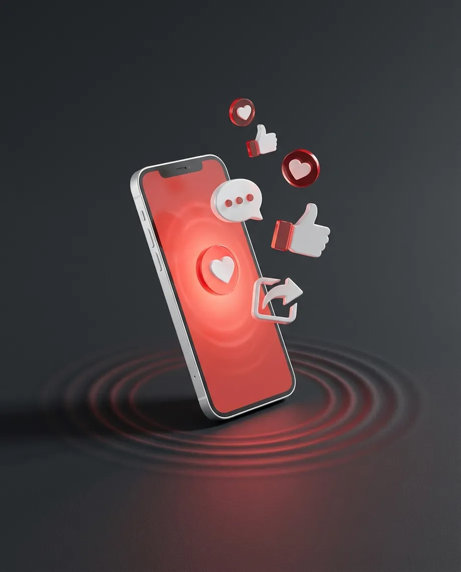 A white smartphone with glowing red social icons floating above the screen