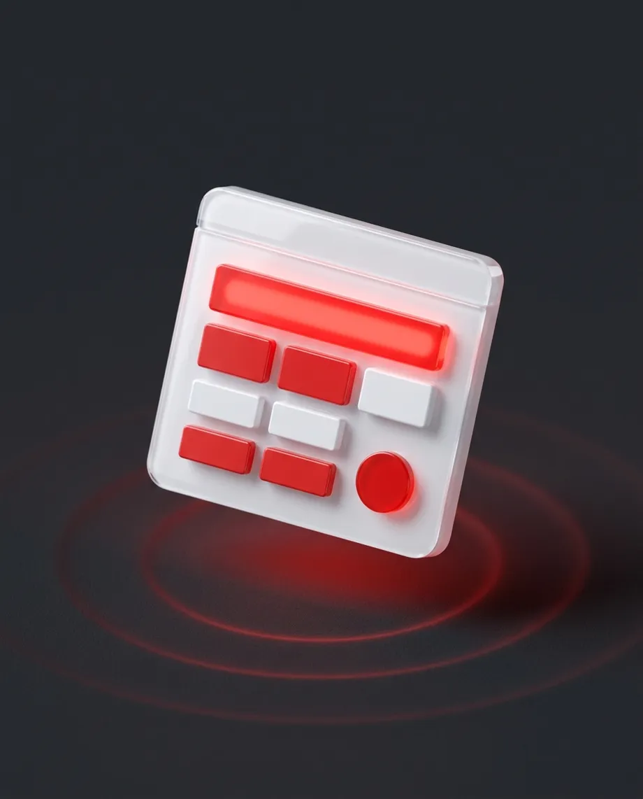 A floating white browser window with a red page layout glowing on a dark surface